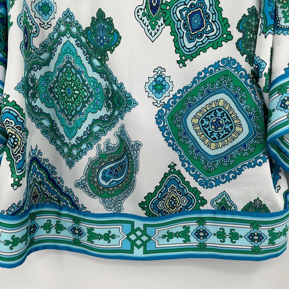 Chicos Women Sz 2 Blue Green Paisley Print Blouse Top Kimono Sleeve Polyester - Picture 3 of 10